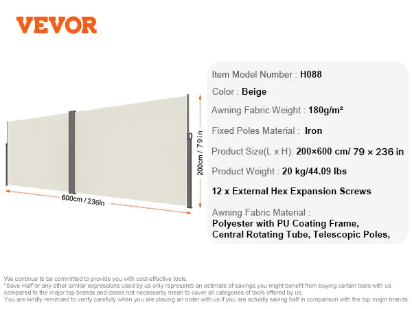 VEVOR retractable side awning, beige, 600x200cm, aluminum alloy poles, 180g/m² polyester fabric.