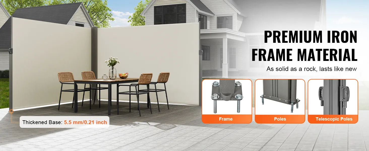 VEVOR retractable side awning with premium iron frame, thickened base, and telescopic poles.