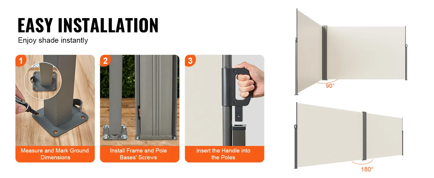 easy installation steps for VEVOR retractable side awning, providing 90° and 180° shade options.