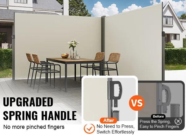 VEVOR retractable side awning with upgraded spring handle, no more pinched fingers, and effortless switch.