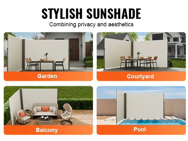 VEVOR retractable side awning providing sunshade, windshield, and rainproof features for outdoor spaces.
