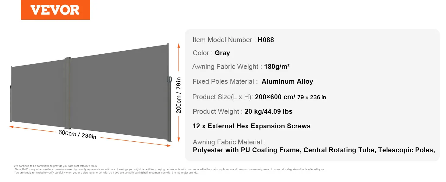 VEVOR retractable side awning in gray, 200x600 cm, aluminum alloy frame, polyester fabric, 20 kg.