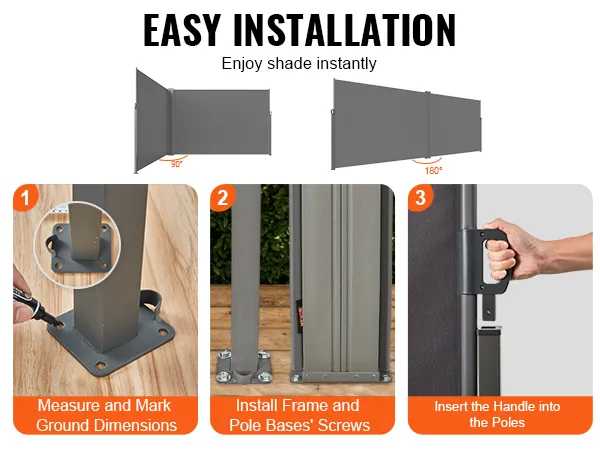 simple steps for setting up the VEVOR retractable side awning with installation guide and adjustment angles.