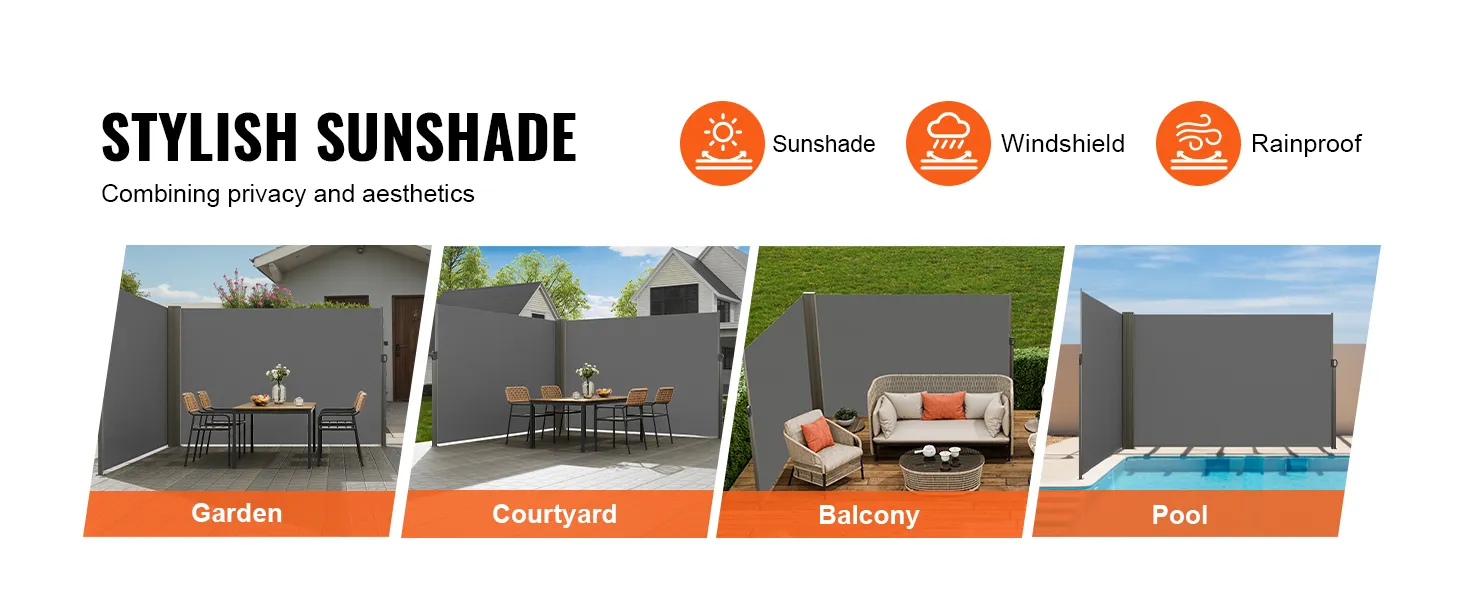 stylish VEVOR retractable side awning for garden, courtyard, balcony, pool; sunshade, rainproof.