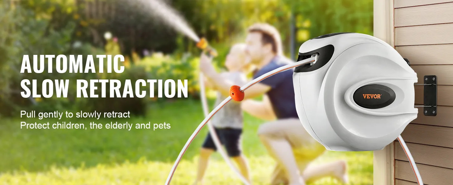VEVOR Retractable Hose Reel Water Hose Reel 100'x1/2" 180° Swivel Wall-Mounted,Garden Water Hose Reel with 9-Pattern Nozzle,Automatic Rewind, Lock at Any Length, with Slow Return System