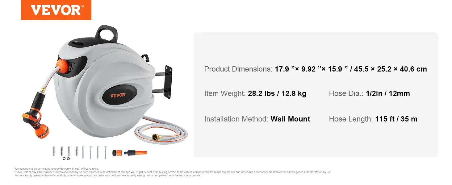 VEVOR retractable hose reel, wall mount, 115 ft hose, 1/2 in diameter, 28.2 lbs, 17.9”×9.92”×15.9”.