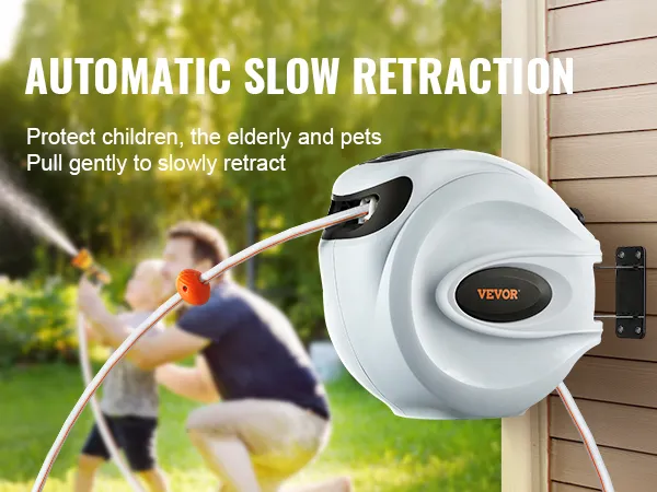 VEVOR retractable hose reel with automatic slow retraction, ideal for protecting children, elderly, and pets.
