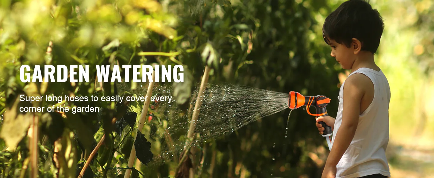 child watering garden plants with hose using VEVOR retractable hose reel for easy coverage.