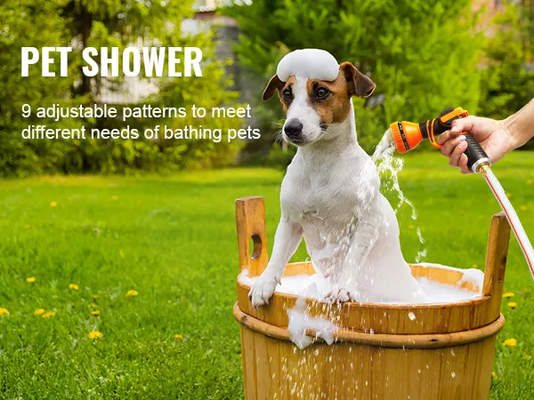 pet shower with 9 adjustable patterns for bathing pets outdoors using VEVOR retractable hose reel.