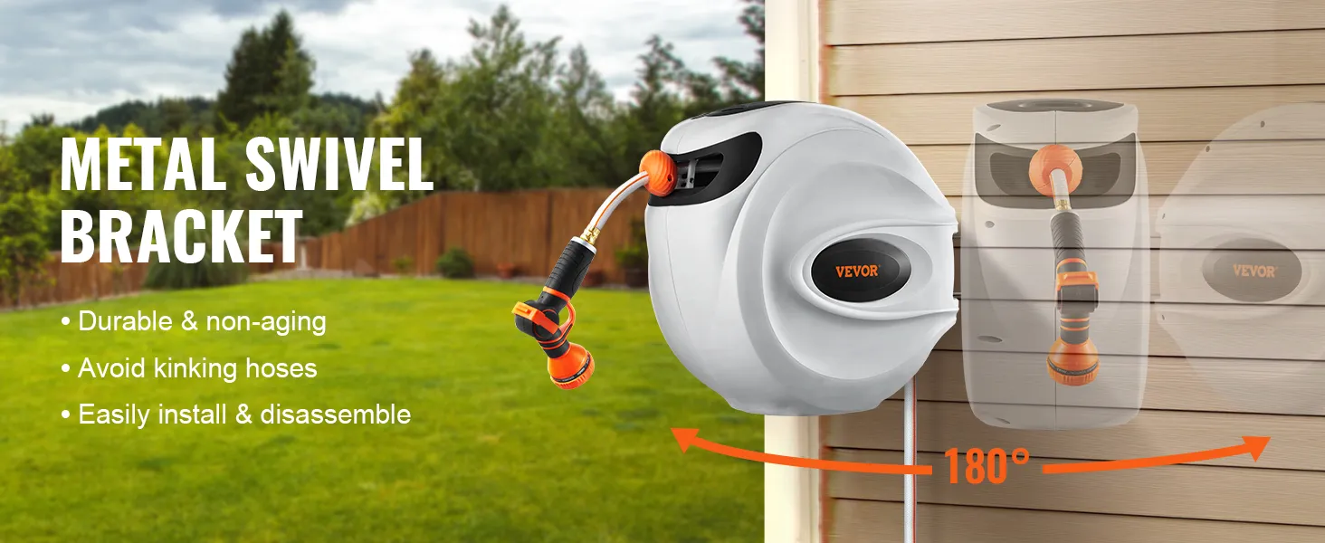 Enrollador de manguera retráctil VEVOR con soporte giratorio de metal para una fácil instalación y mangueras sin torceduras.