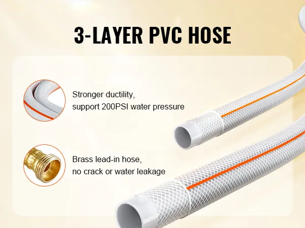 Manguera de PVC de 3 capas con entrada de latón, gran ductilidad, soporta una presión de agua de 200 psi. Enrollador de manguera retráctil VEVOR.