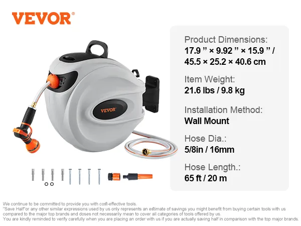Carrete de manguera retráctil VEVOR con montaje en pared, longitud de manguera de 65 pies y diámetro de 5/8 pulgadas.