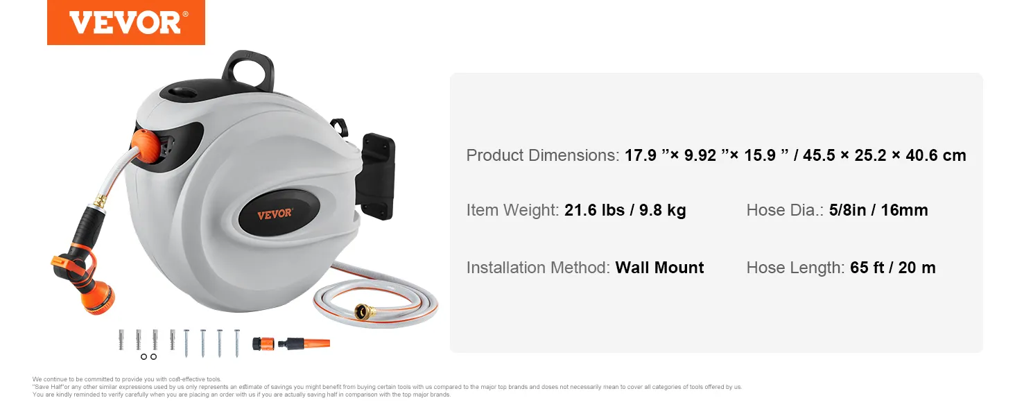 Carrete de manguera retráctil VEVOR con montaje en pared, longitud de manguera de 65 pies y diámetro de 5/8 pulgadas.