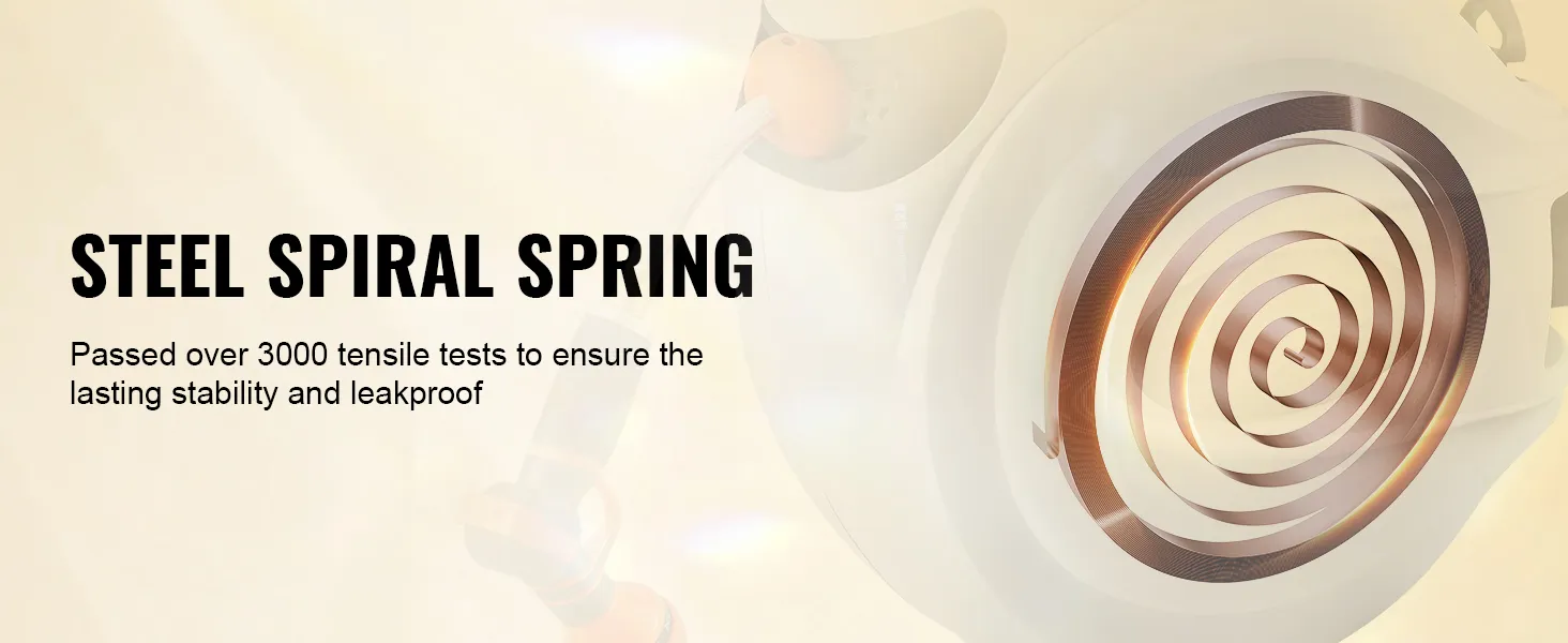 Carrete de manguera retráctil VEVOR con resorte en espiral de acero, pasó más de 3000 pruebas de tracción para mayor durabilidad.