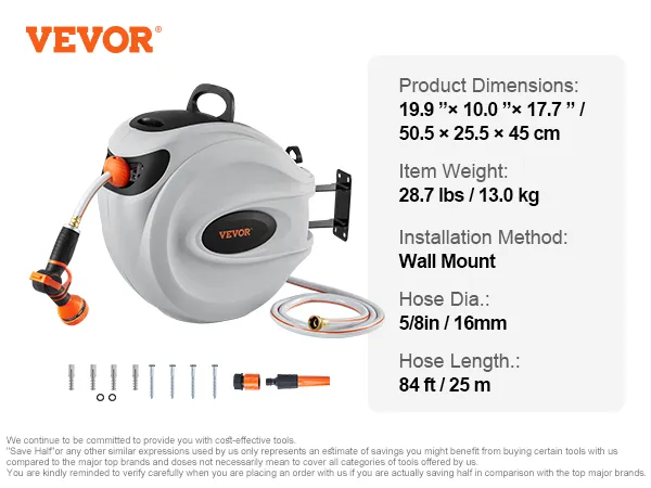 VEVOR retractable hose reel, wall mount design with 84 ft hose, dimensions 19.9"x10.0"x17.7".