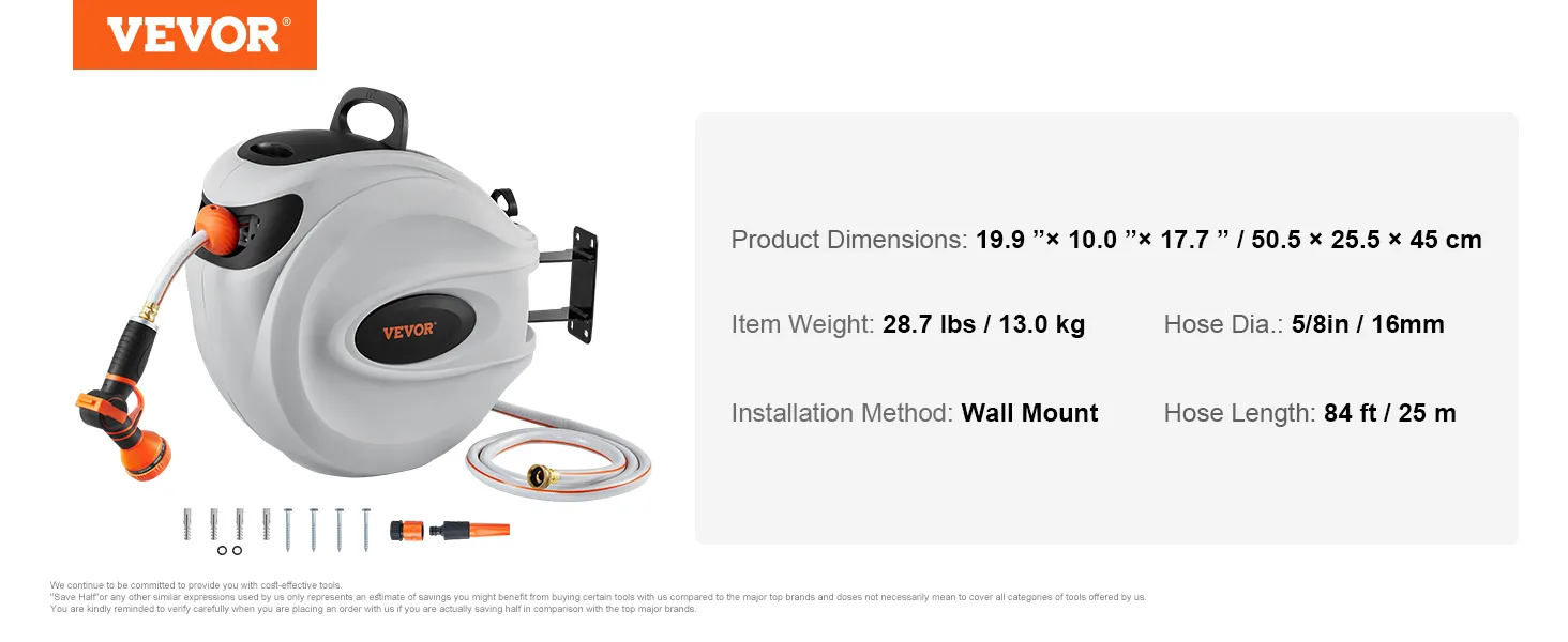 VEVOR retractable hose reel, wall mount design with 84 ft hose, dimensions 19.9"x10.0"x17.7".