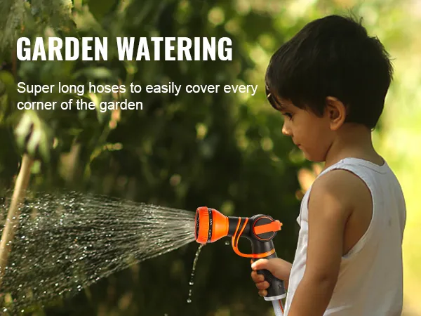 child watering garden plants with VEVOR retractable hose reel; text reads "garden watering".