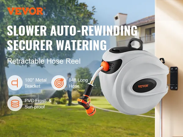VEVOR retractable hose reel, 84ft long hose, 180° metal bracket, pvc frost and sun-proof, outdoor garden.