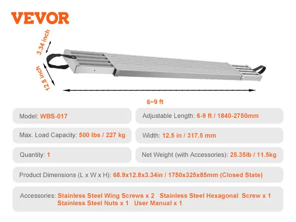 VEVOR telescoping aluminum work plank, adjustable 6-9 ft, 500 lbs capacity, 12.5 in wide.