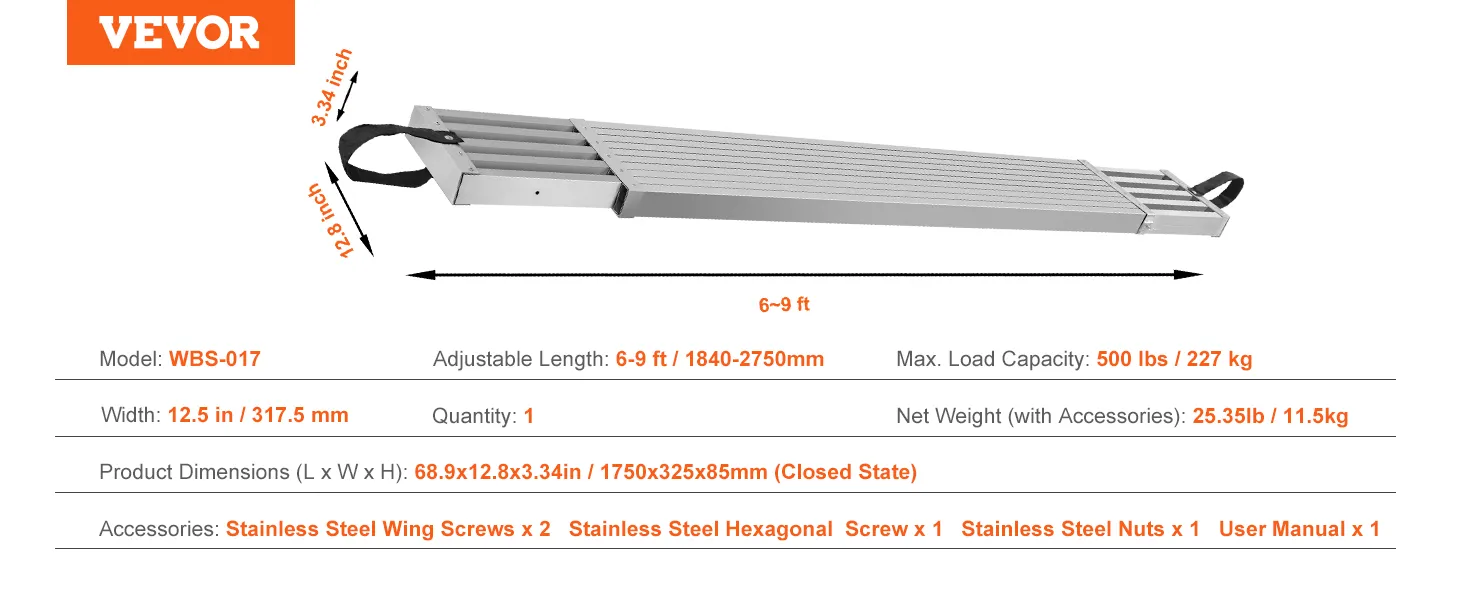 VEVOR telescoping aluminum work plank, adjustable 6-9 ft, 500 lbs capacity, 12.5 in wide.