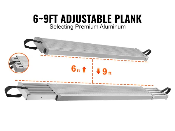 VEVOR telescoping aluminum work plank, adjustable from 6 to 9 feet, with sturdy handles for easy portability.