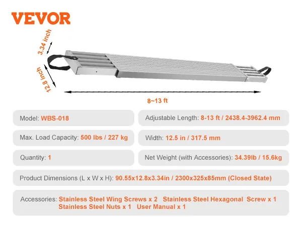 VEVOR telescoping work plank with adjustable length 8-13 ft, 500 lbs load capacity, and dimensions listed.