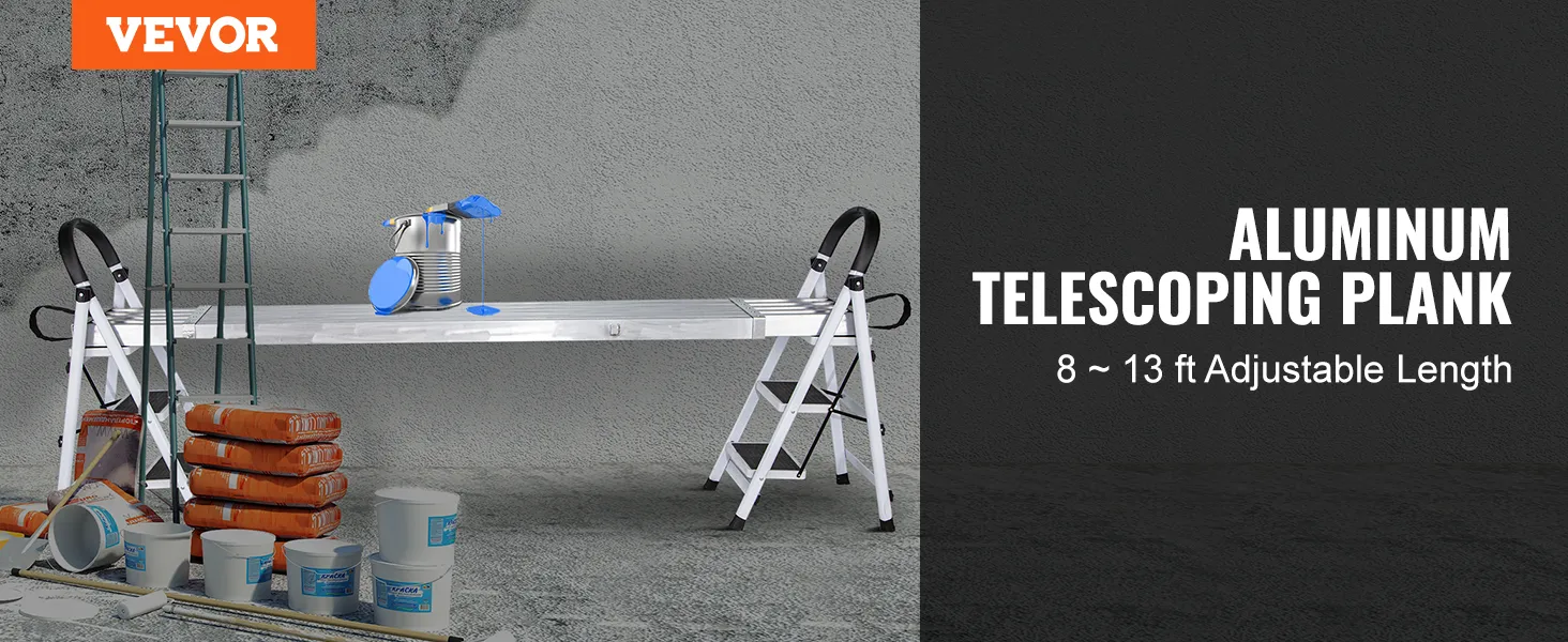 VEVOR telescoping work plank with adjustable aluminum length, surrounded by ladders, paint cans, and construction materials.