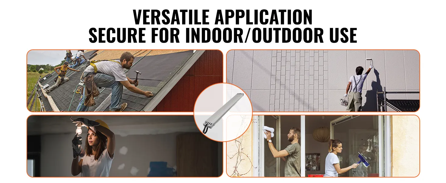 various professionals using VEVOR telescoping work plank for roofing, painting, and cleaning tasks.