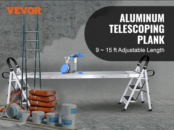 VEVOR telescoping aluminum work plank with ladder and painting supplies, 9-15 ft adjustable length.