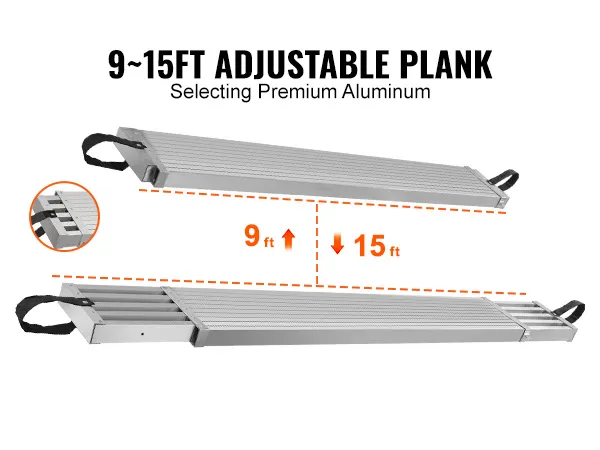 VEVOR telescoping aluminum work plank adjustable from 9 to 15 feet, showcasing premium aluminum.