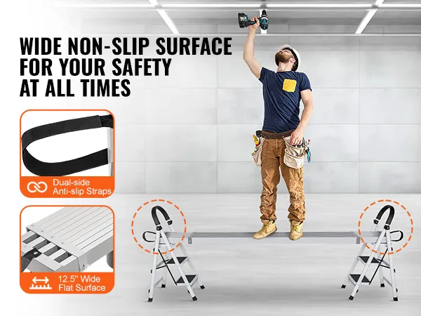 VEVOR telescoping aluminum work plank with dual-side anti-slip straps and 12.5" wide flat surface.