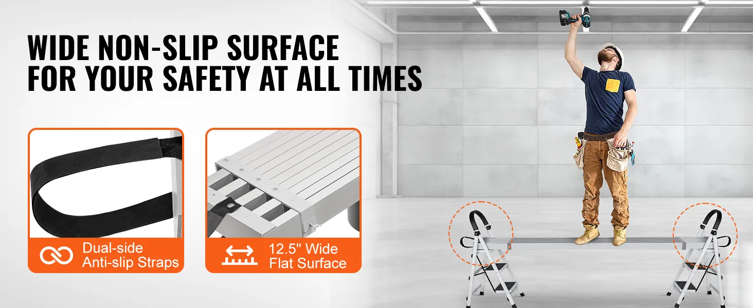 VEVOR telescoping aluminum work plank with dual-side anti-slip straps and 12.5" wide flat surface.