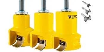 three yellow VEVOR tenon cutters with replacement blades and drill attachments on a white background.