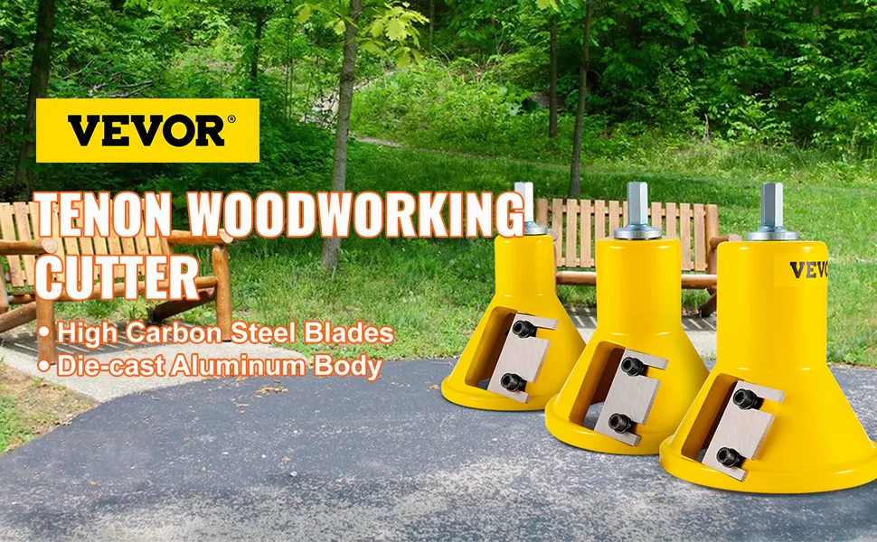 VEVOR tenon cutter displayed outdoors, featuring high carbon steel blades and die-cast aluminum body.