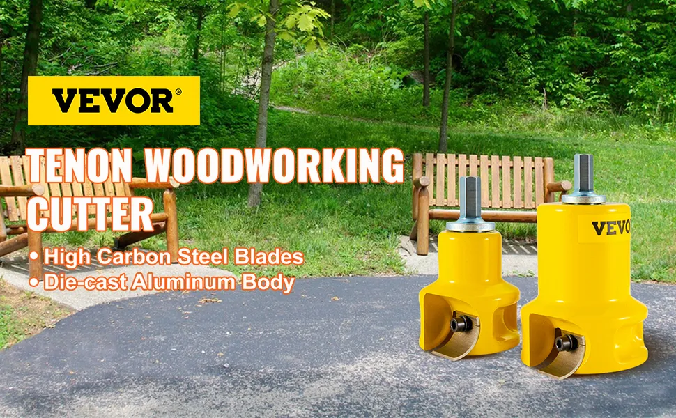 VEVOR tenon cutter with high carbon steel blades and die-cast aluminum body in a park setting.