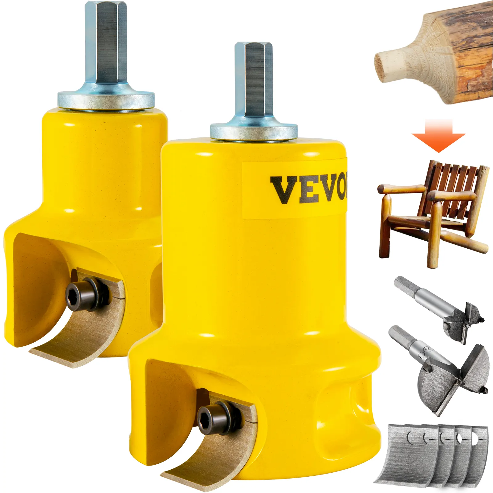 VEVOR tenon cutter for woodworking, showing yellow tenon cutters, finished wooden furniture, and blades.