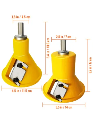 yellow VEVOR tenon cutter with dimensions labeled, includes blade and handle for woodworking.