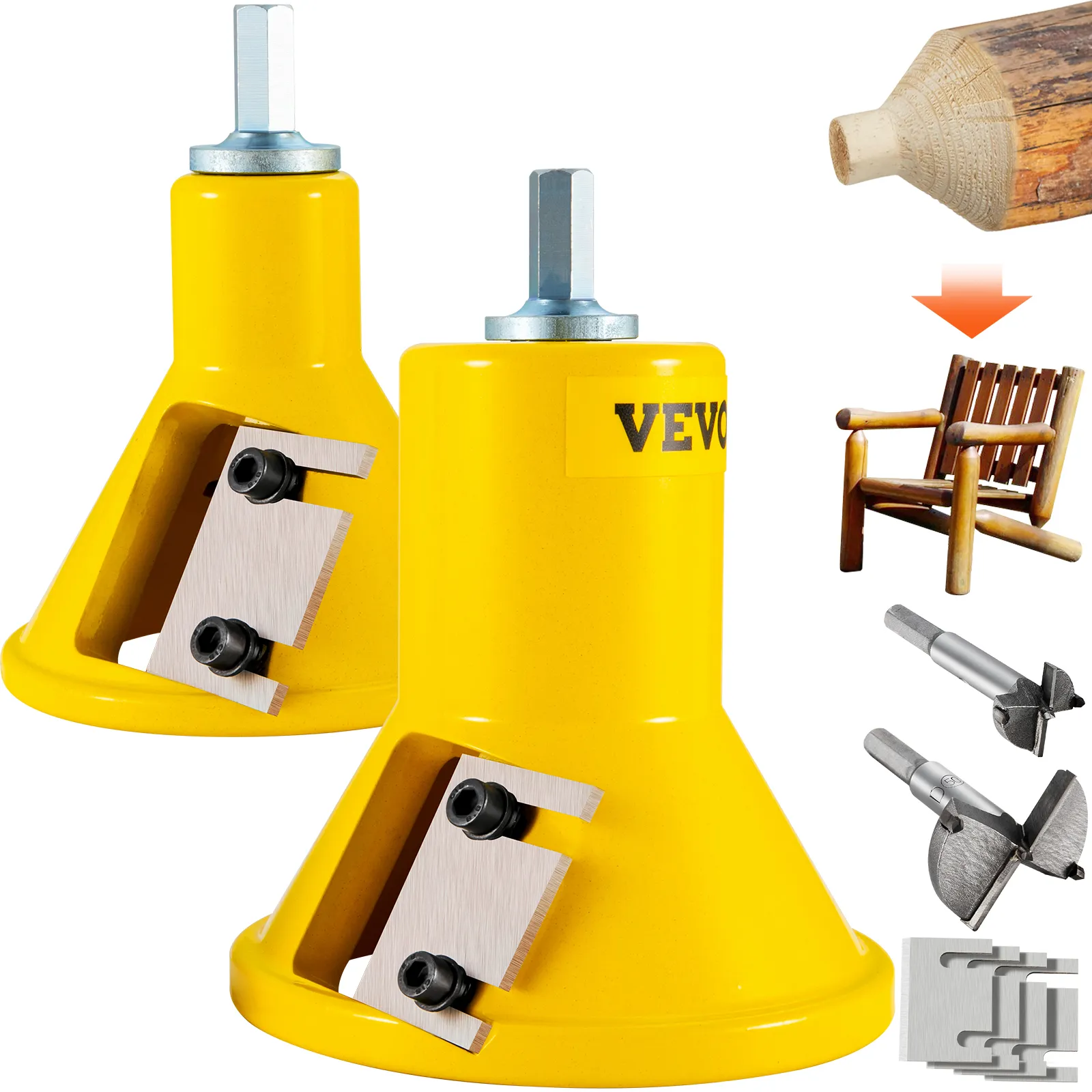 yellow VEVOR tenon cutter, woodworking tool with blades, log fitting, chair assembly illustrations.