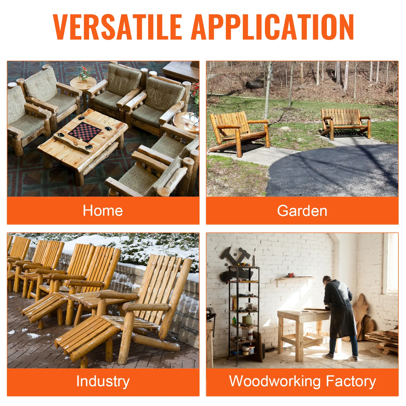 VEVOR tenon cutter applications: home log furniture, garden benches, industrial chairs, woodworking factory.