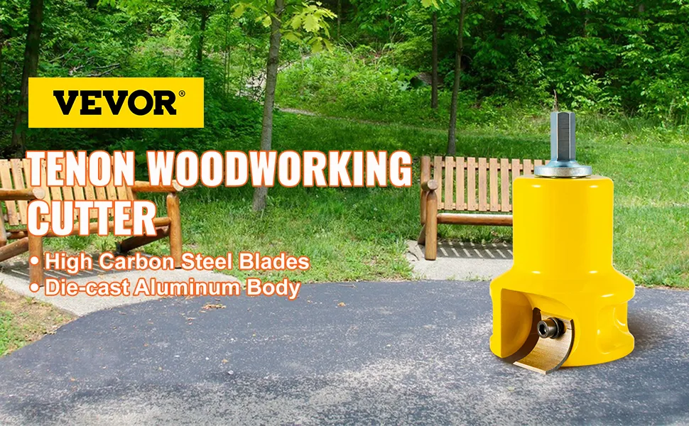VEVOR tenon cutter with high carbon steel blades and die-cast aluminum body on a park bench backdrop.