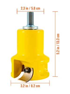 yellow VEVOR tenon cutter with dimensions: 5.2 in height, 3.2 in width, 2.3 in depth.