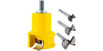 VEVOR tenon cutter with yellow body and three interchangeable cutting heads.