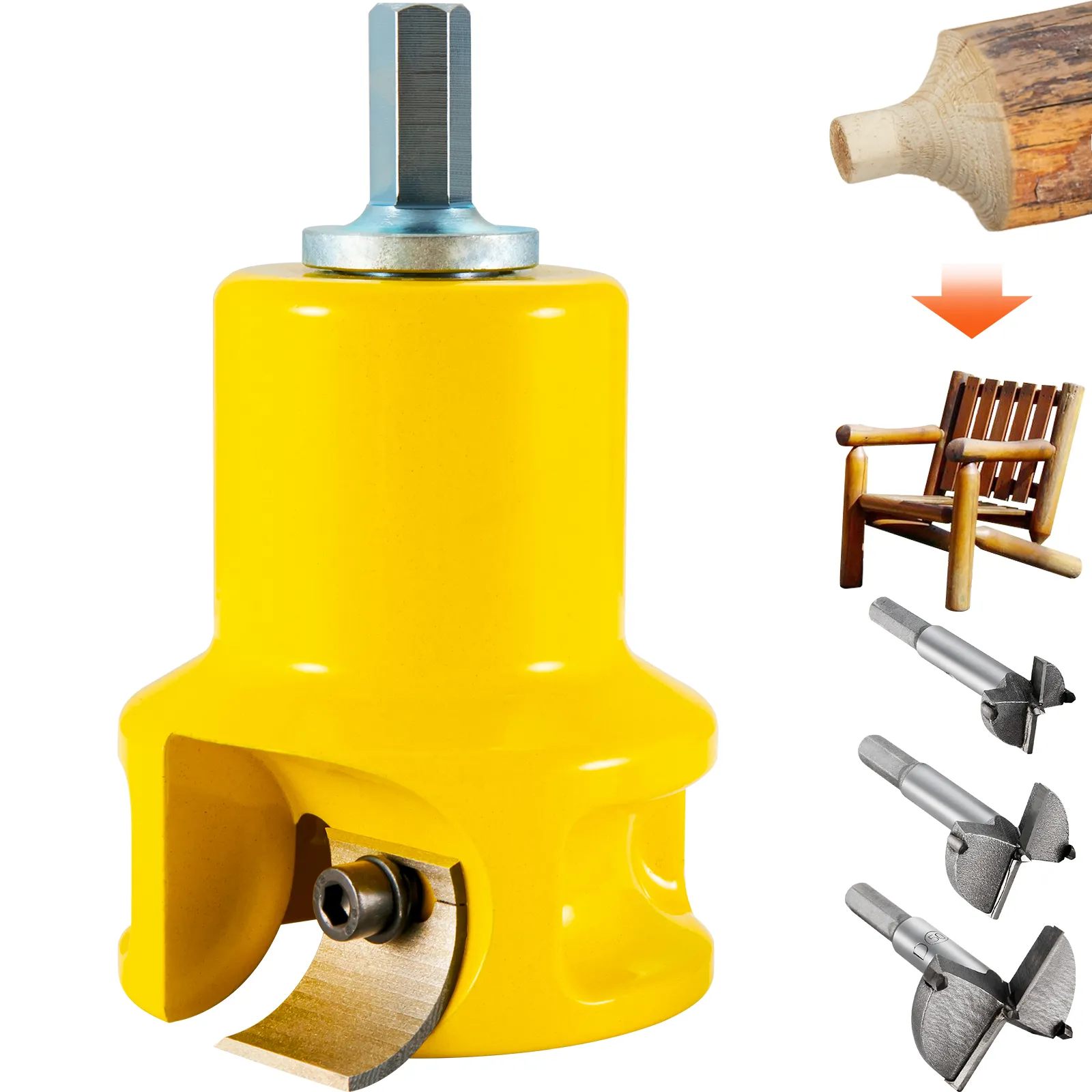 VEVOR tenon cutter for woodworking with a close-up of the tool and examples of joint processes.