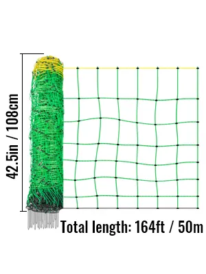 Red de cerca eléctrica VEVOR de 42,5 pulgadas x 164 pies con malla verde y línea superior amarilla.