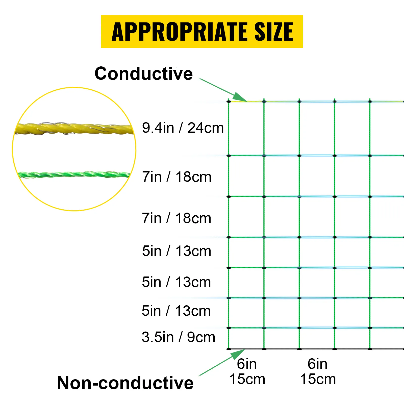 Dimensiones de la red de cerca eléctrica VEVOR y cables conductores frente a no conductores.