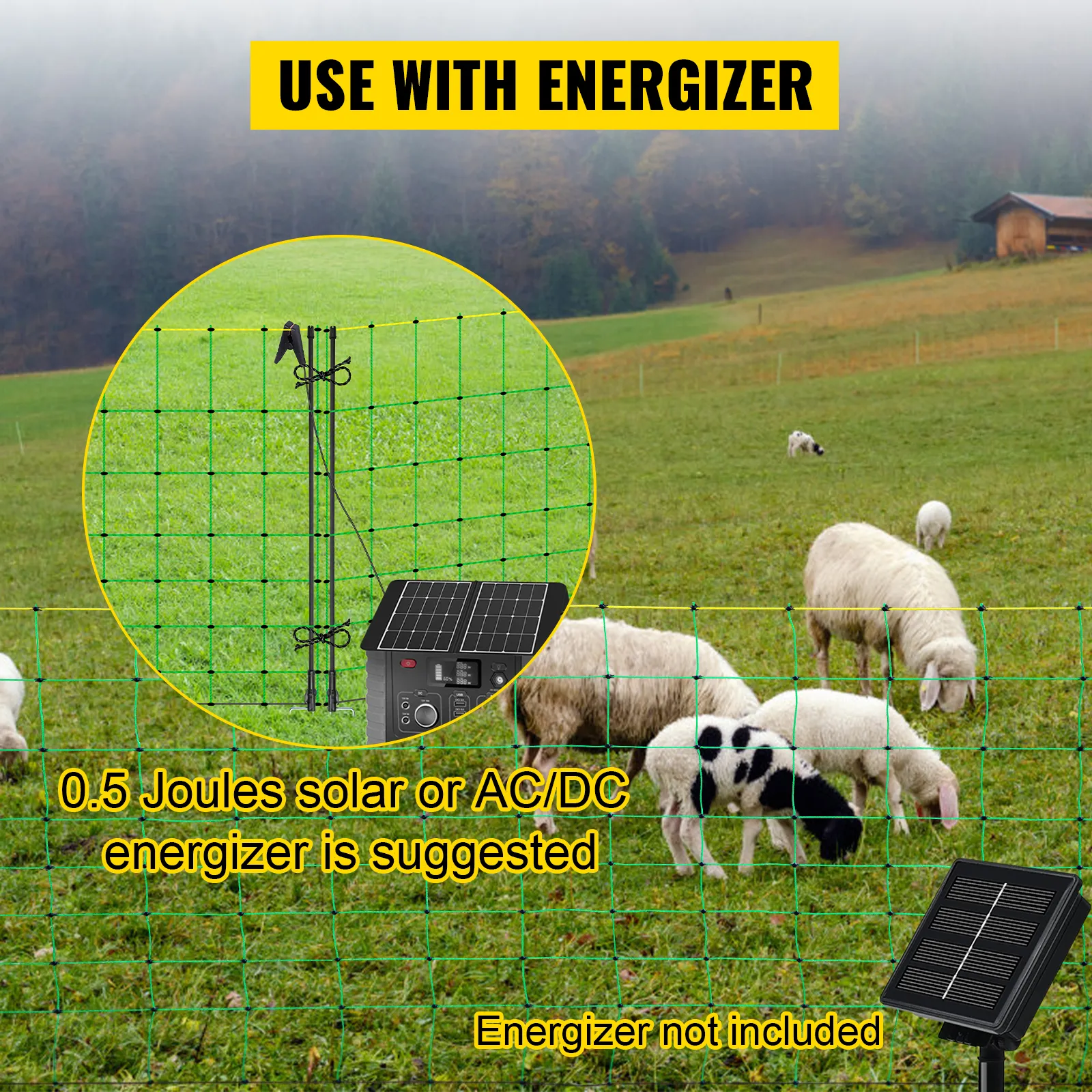 Ovejas pastando detrás de la red de cerca eléctrica VEVOR; uso con energizador solar de 0,5 julios.