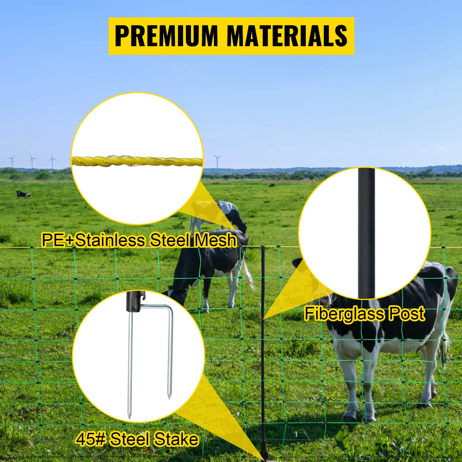 Red de cerca eléctrica VEVOR en un campo verde con vacas y materiales resaltados.