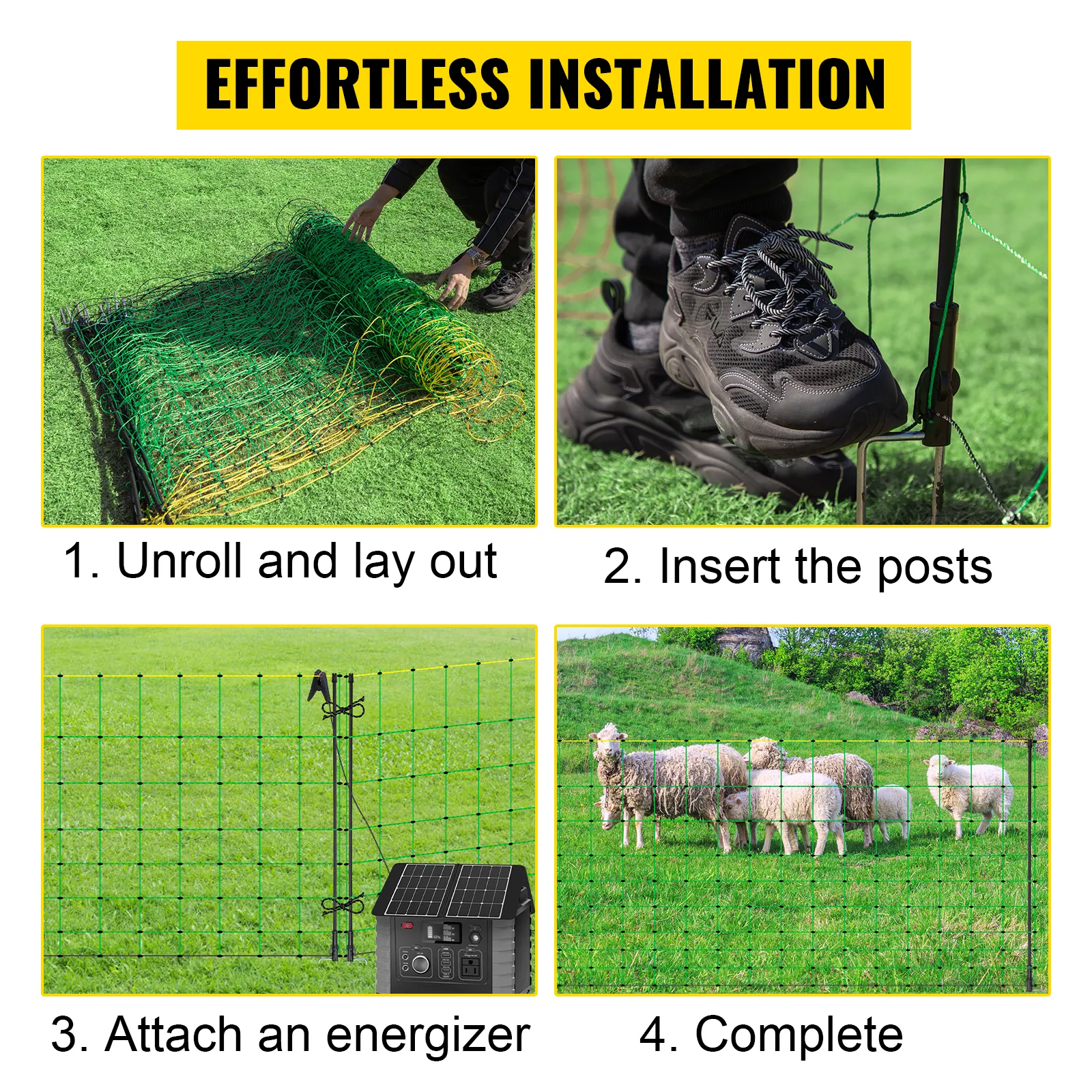 Pasos de instalación sin esfuerzo para la red de cerca eléctrica VEVOR: desenrollar, insertar postes, colocar el energizador.