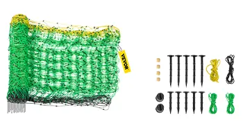 Siatka ogrodzeniowa elektryczna VEVOR w kolorze zielono-żółtym z palikami i akcesoriami do okablowania.