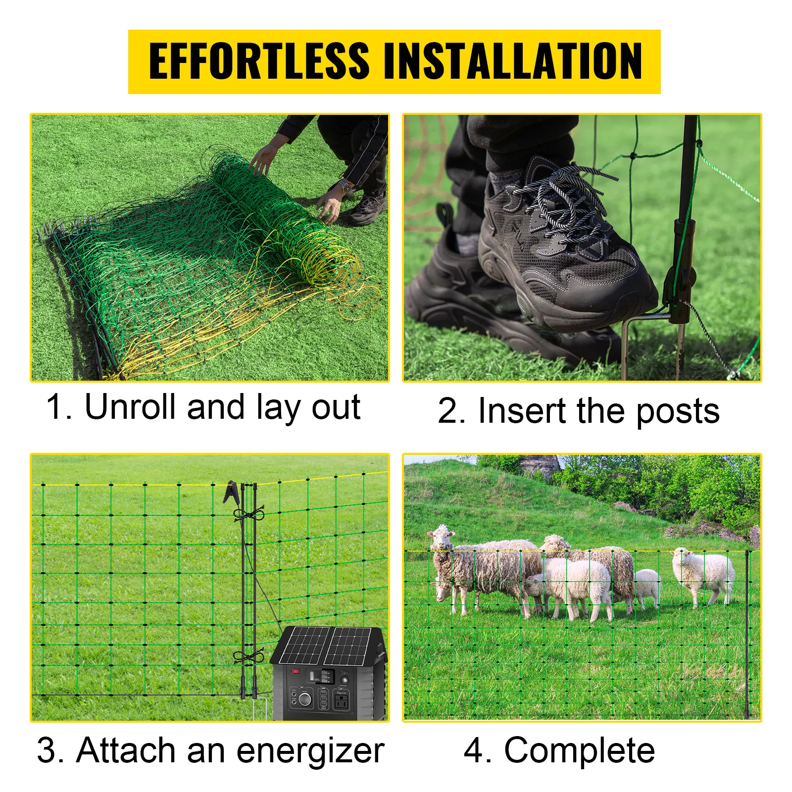 bezproblemowa instalacja siatki ogrodzeniowej VEVOR poprzez rozwinięcie, włożenie słupków, przymocowanie elektryzatora i ukończenie montażu.